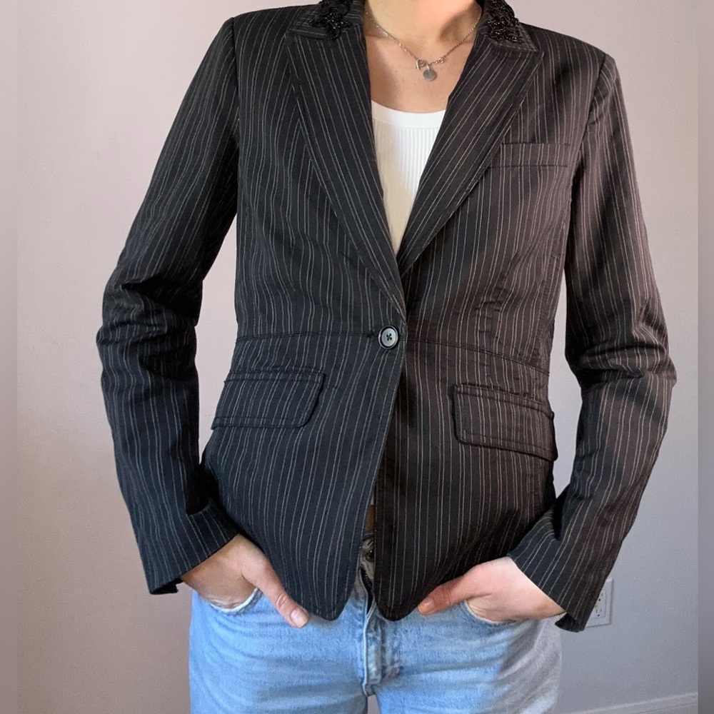 DKNY City Jacket,Stripped,beaded collar,size 12